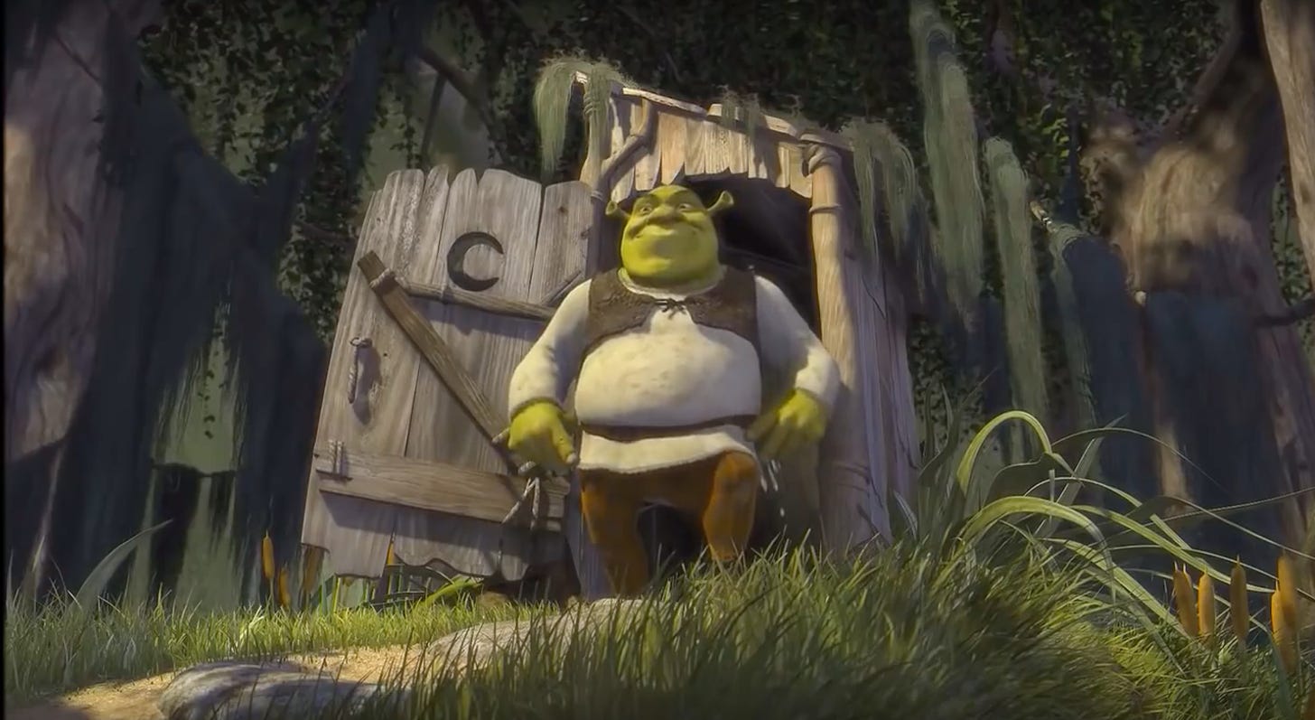 Shrek leaving his outhouse