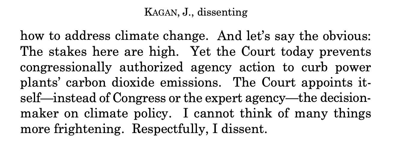 And let’s say the obvious:
The stakes here are high. Yet the Court today prevents
congressionally authorized agency action to curb power
plants’ carbon dioxide emissions. The Court appoints itself—instead of Congress or the expert agency—the decisionmaker on climate policy. I cannot think of many things
more frightening. Respectfully, I dissent. 