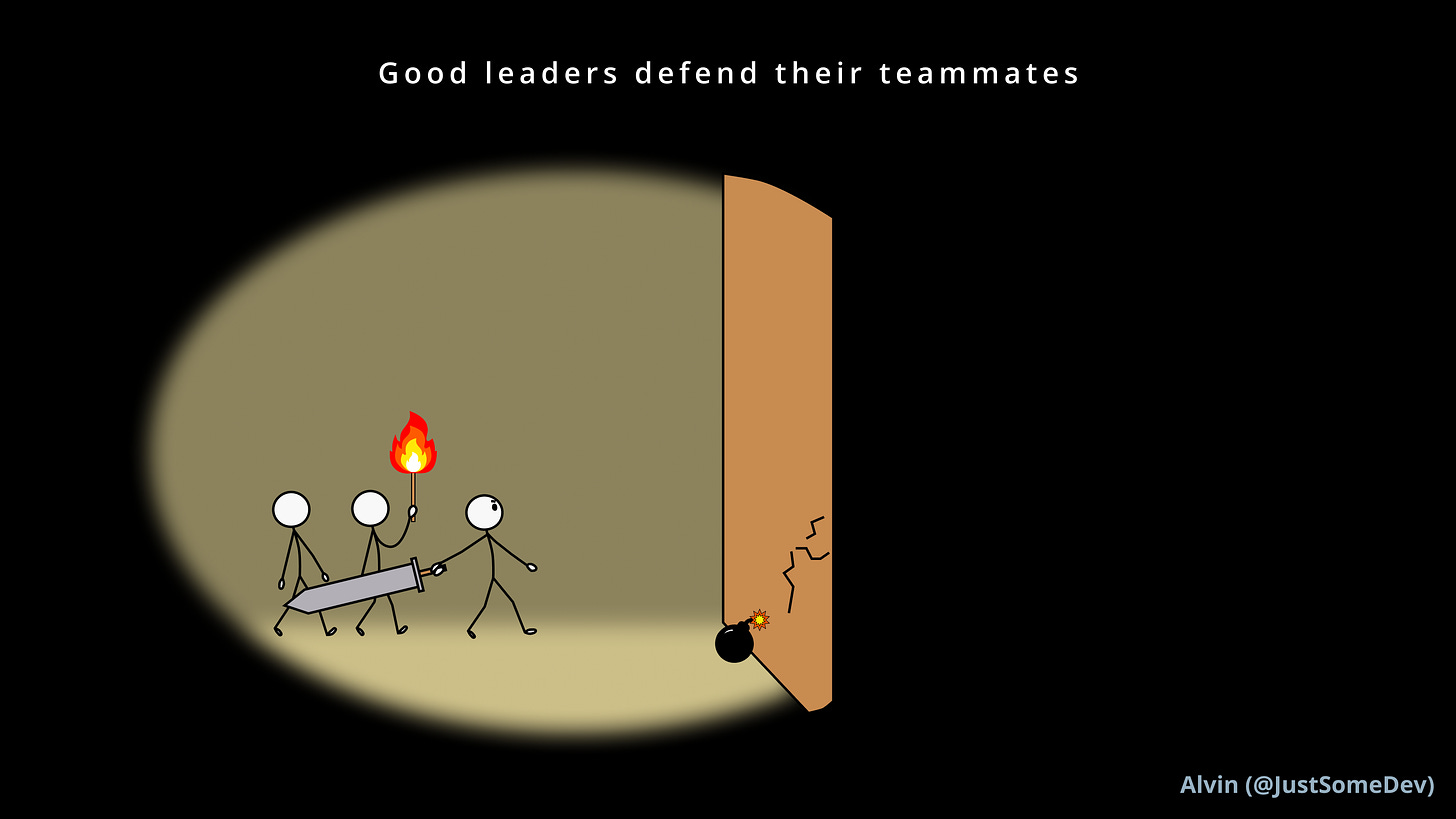 Good leaders defend their teammates. A leader wielding a sword shields his two teammates from a bomb placed next to a wall.
