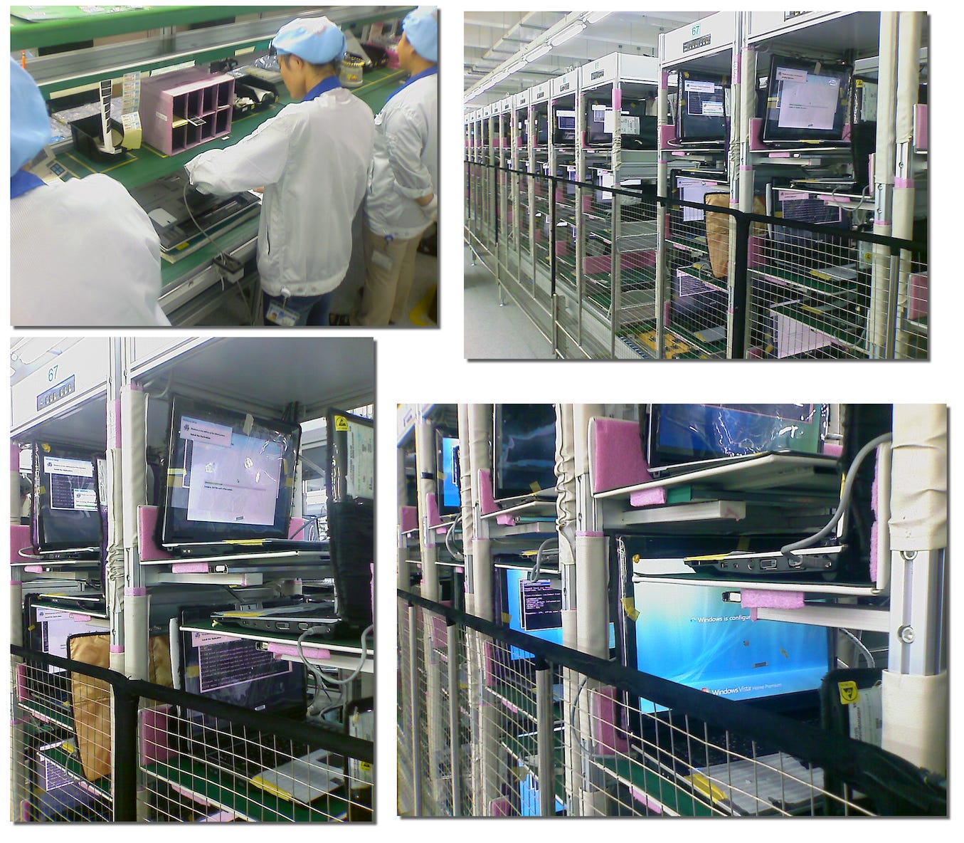 Four photos showing various stages of the PC assembly line.