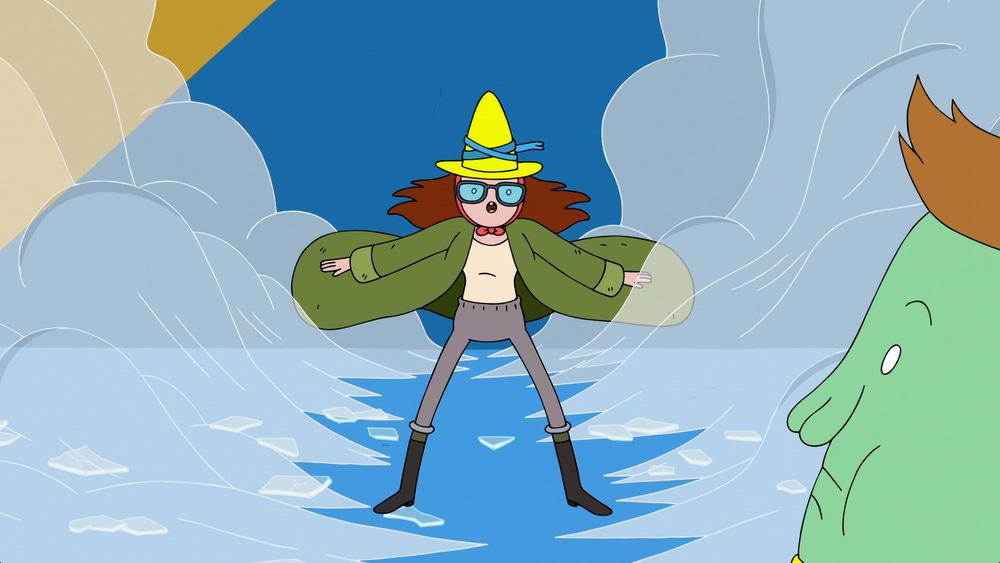 Against a blue background and with steam or wind around her, Betty is shown with her green coat lifted and wearing a yellow hat. In the right foreground, we see Magic Man looking on, looking concerned.