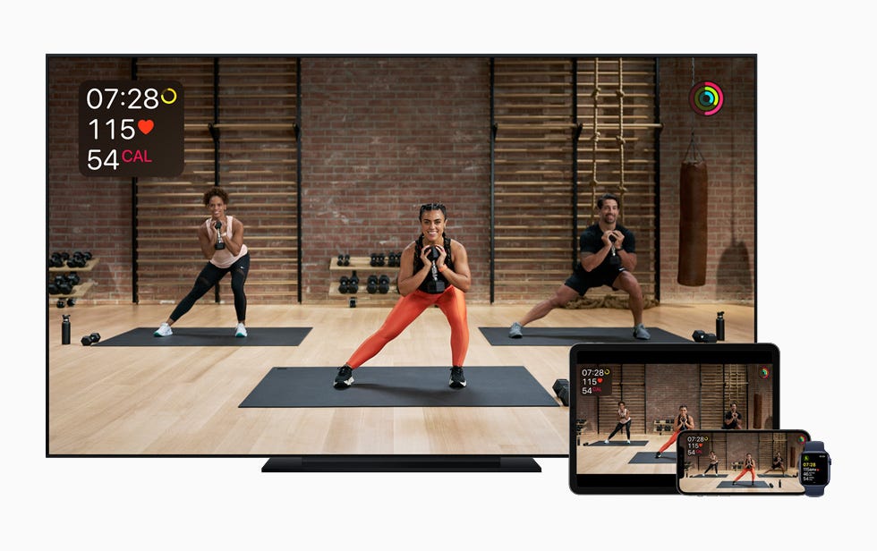 Apple Fitness+ on Apple TV, iPad, iPhone, and Apple Watch.