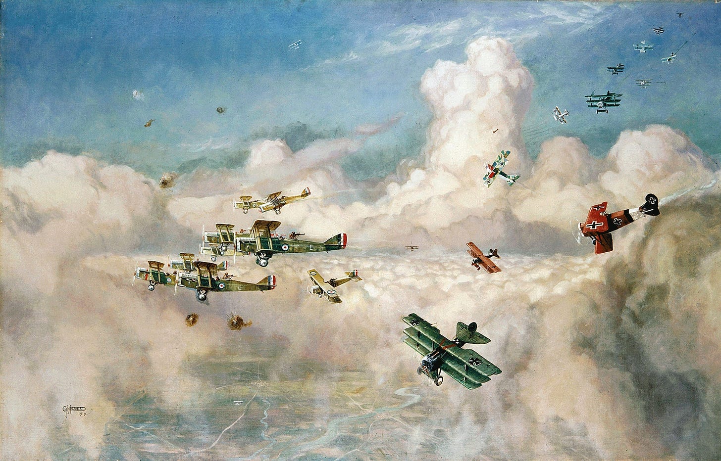 Horace Davis’s 1919 painting shows German fighters pursuing British DH.9A biplanes flying in a tight defensive ...