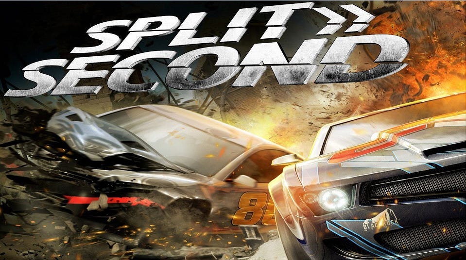 Promotional art for Split/Second that shows a car being wrecked with an explosion not all that far behind.