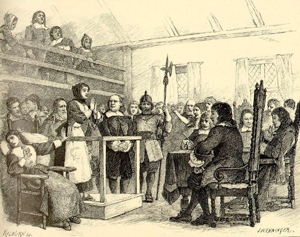 Salem witch trials: an accused witch pleads with a judge for mercy while her accuser recoils
