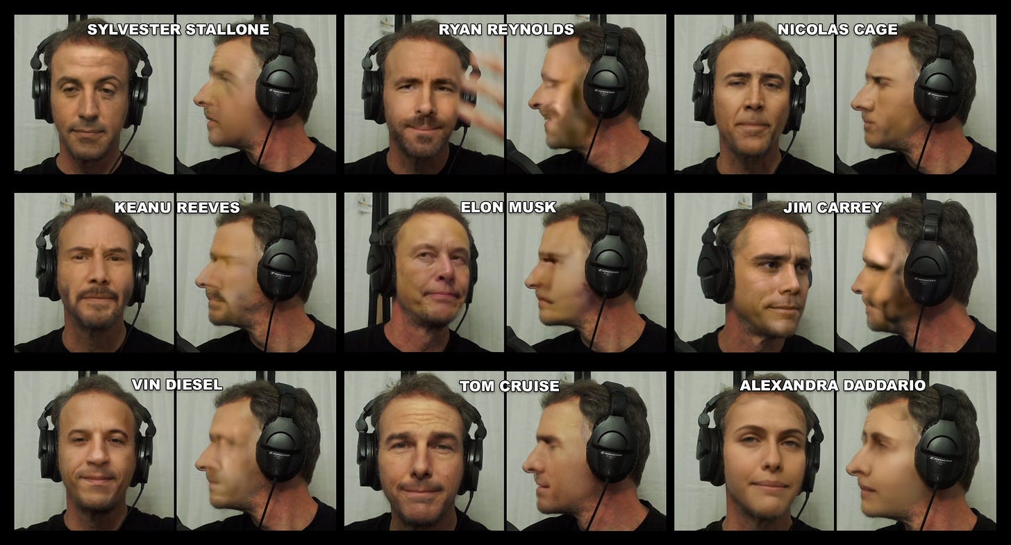Examples from the DeepFaceLive session, showing authentic-looking faces – except in profile view. Thanks to Bob Doyle, the 'host' for these personalities.