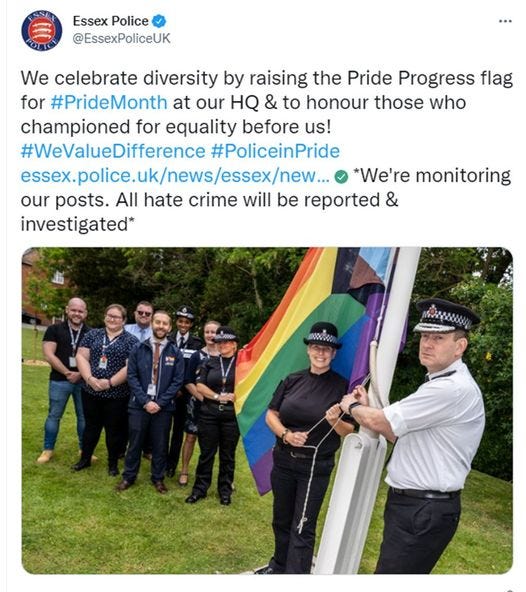 May be an image of 6 people, people standing and text that says 'Essex Police @EssexPoliceUK 1 We celebrate diversity by raising the Pride Progress flag for #PrideMonth at our HQ & to honour those who championed for equality before us! #WeValueDifference #PoliceinPride ssex.police.uk/news/sex/new... *We're monitoring our posts. All hate crime will be reported & investigated* 1000'
