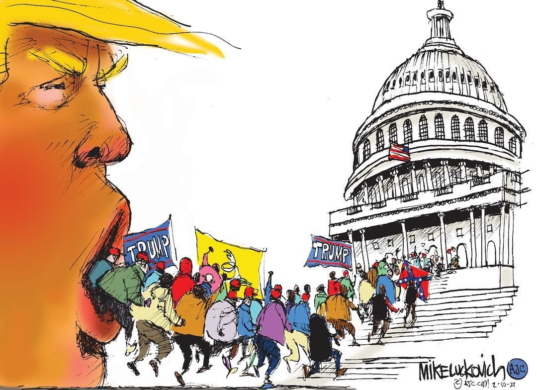 Meme of Insurrectionists flowing from Trump's mouth into the Capitol.