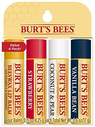 Burt&#39;s Bees Lip Balm Stocking Stuffers, Moisturizing Lip Care Christmas Gifts, 100% Natural, Original Beeswax, Strawberry, Coconut &amp; Pear, Vanilla Bean with Beeswax &amp; Fruit Extracts, Multipack(4 Pack)
