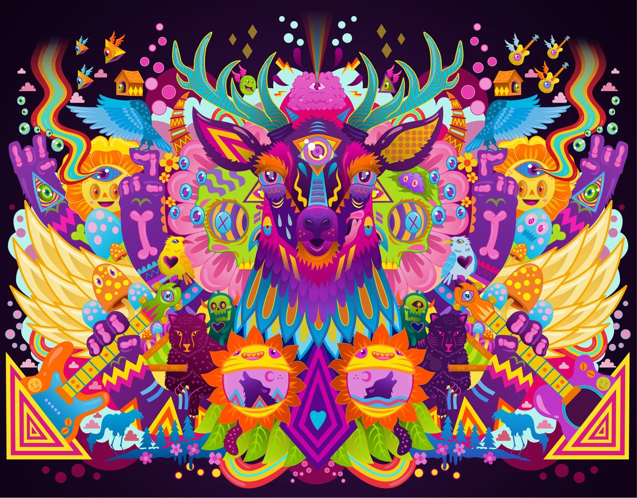  Bright, colourful illustration of a stag surrounded by bears, mushrooms, flowers etc