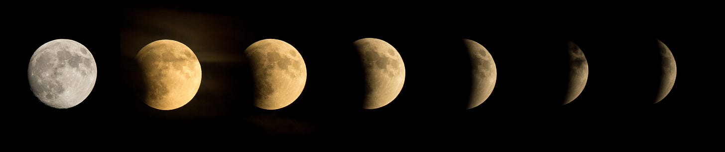 A series of images of the moon slowly becoming eclipsed
