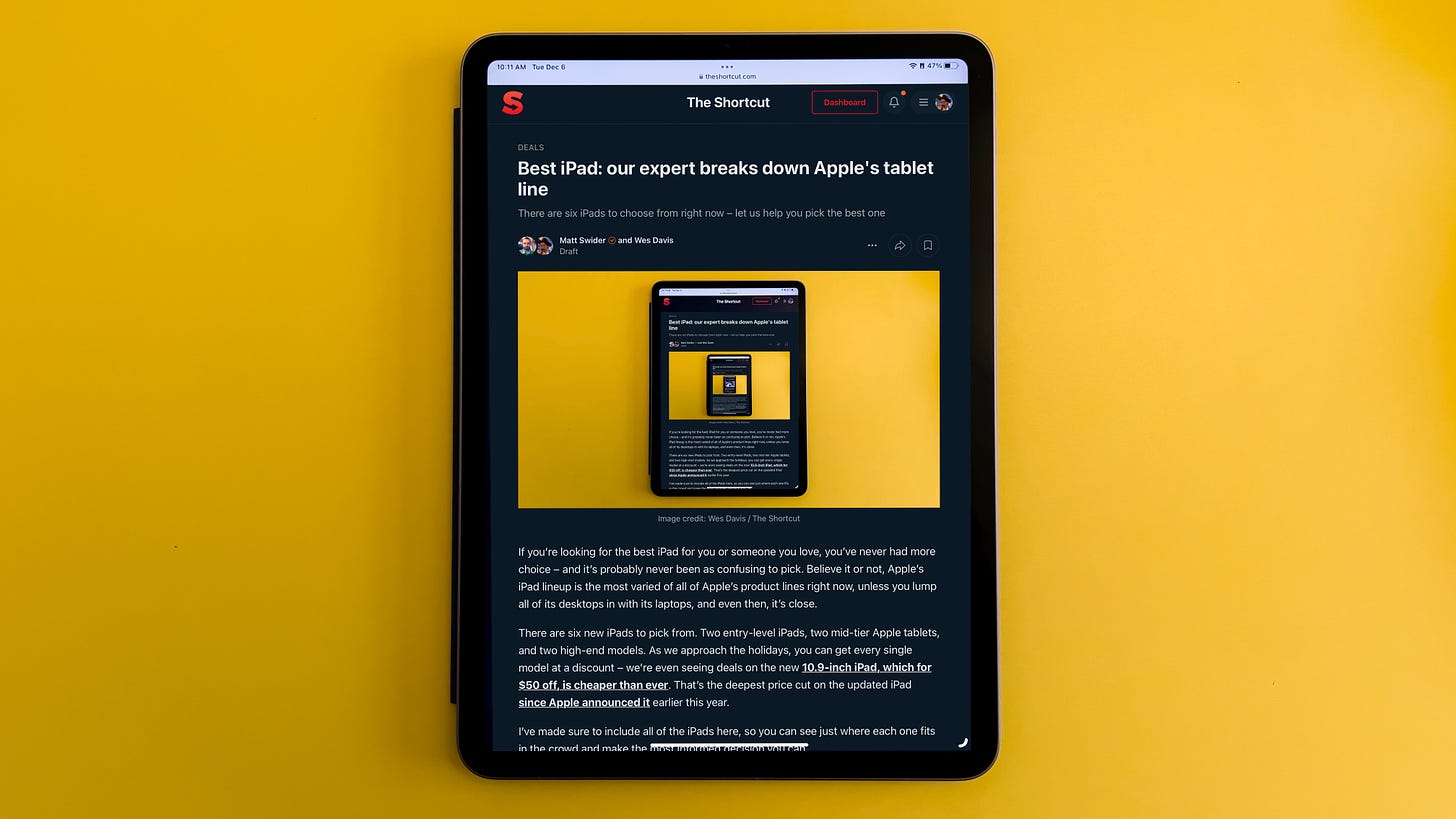 An iPad Pro on a yellow table visits the Best iPad page at the Shortcut, which shows a hero image of an iPad visiting the best iPad page at The Shortcut, and so on