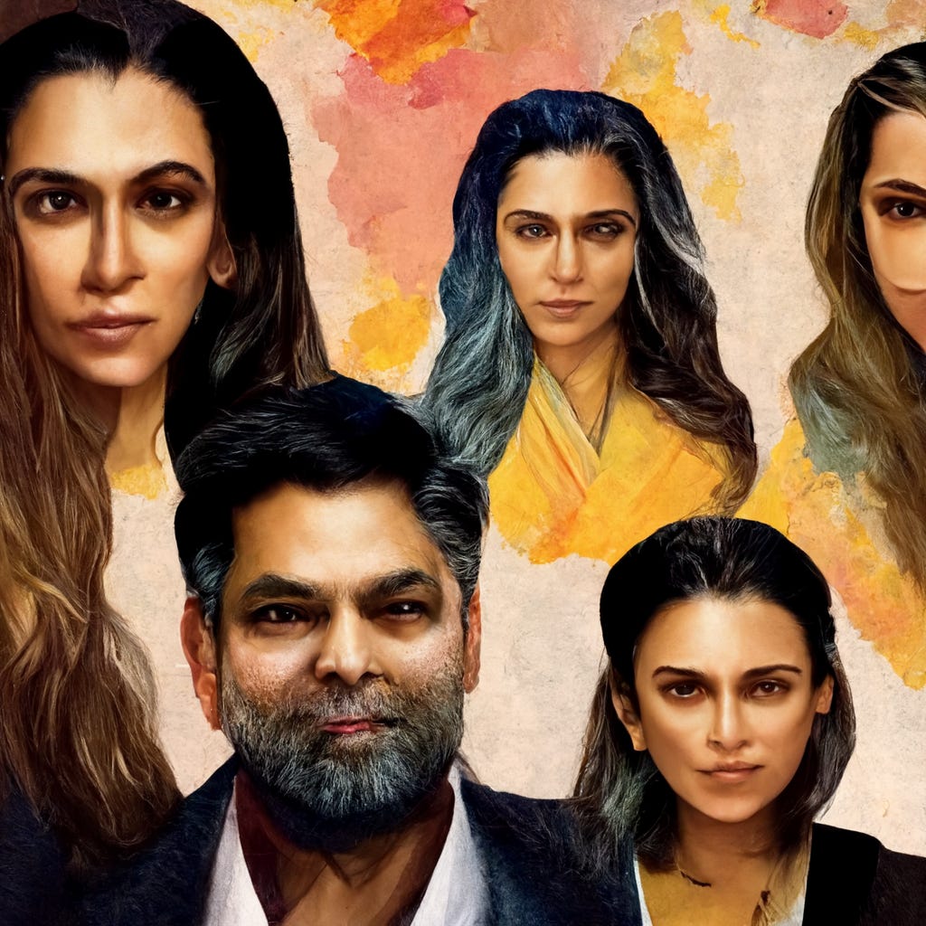 create a collage of Neha Dhupia, kareena Kapoor, Deepika Padukone, and Karan Johar and create a poster. The overall tone should be satirical.