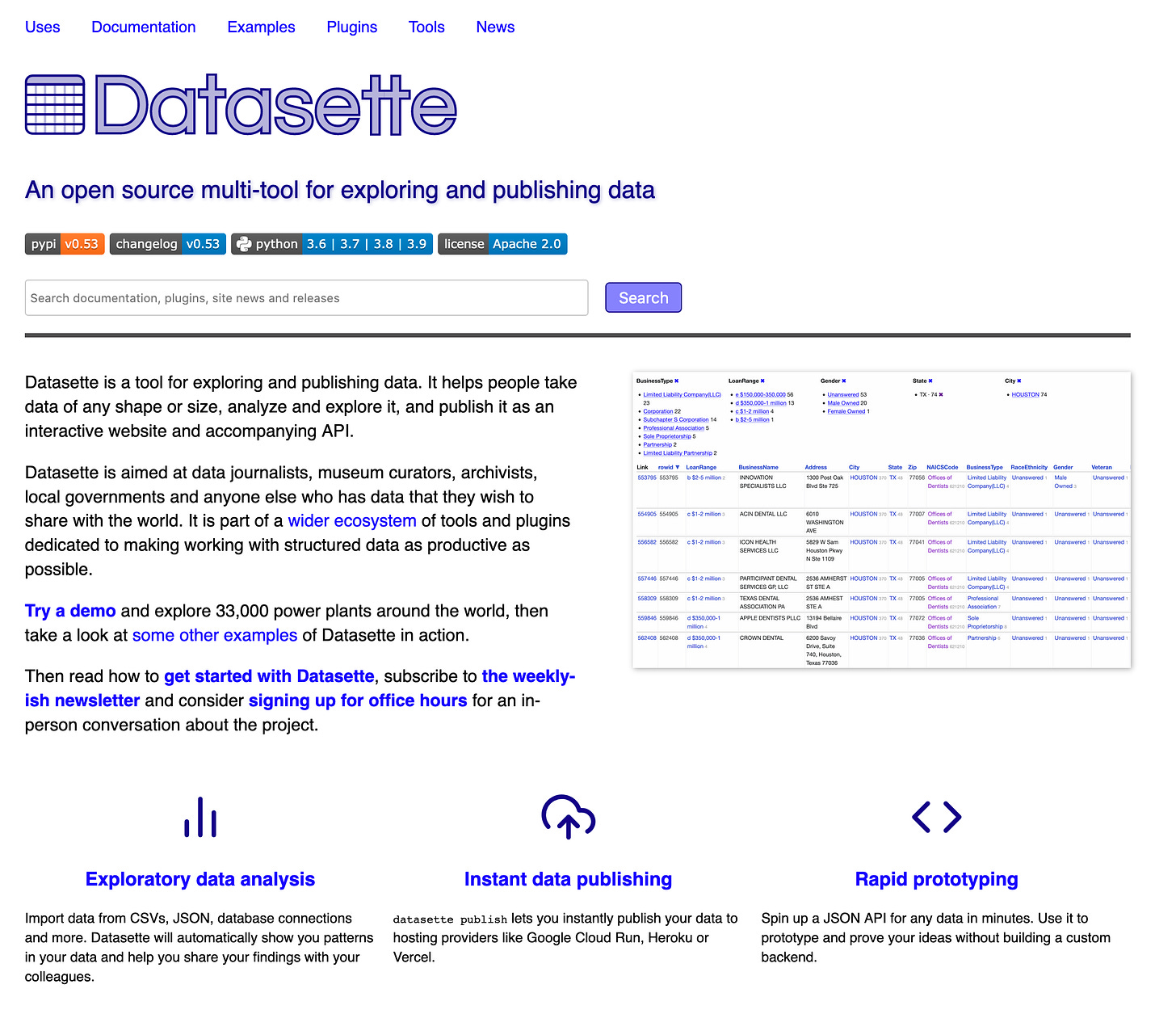 A screenshot of datasette.io