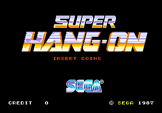 The title screen for Super Hang-on's arcade version features the game's name and logo, the Sega logo, as well as a 1987 copyright.
