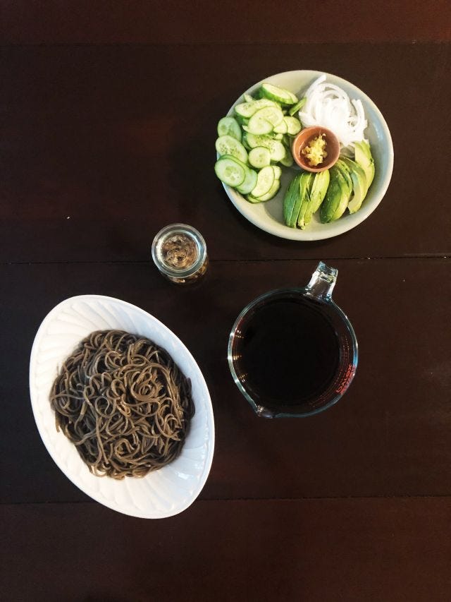 cold soba noodles with vegan dashi