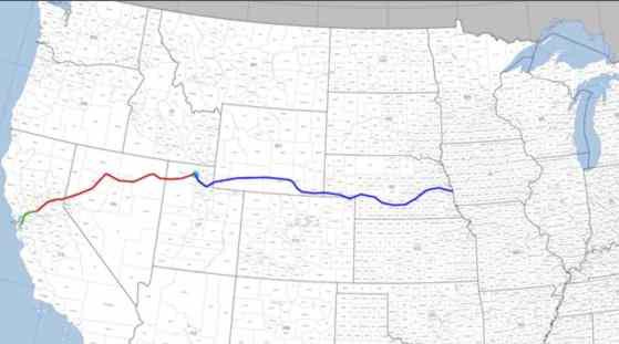 Map of the route of the first transcontinental railroad