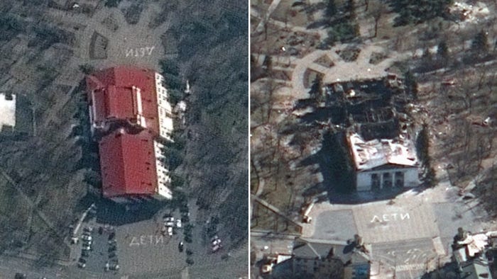 A satellite view of the theater in Mariupol, before (L) and after it was damaged in a Russian attack. The word "CHILDREN" can be seen written in Russian next to it..