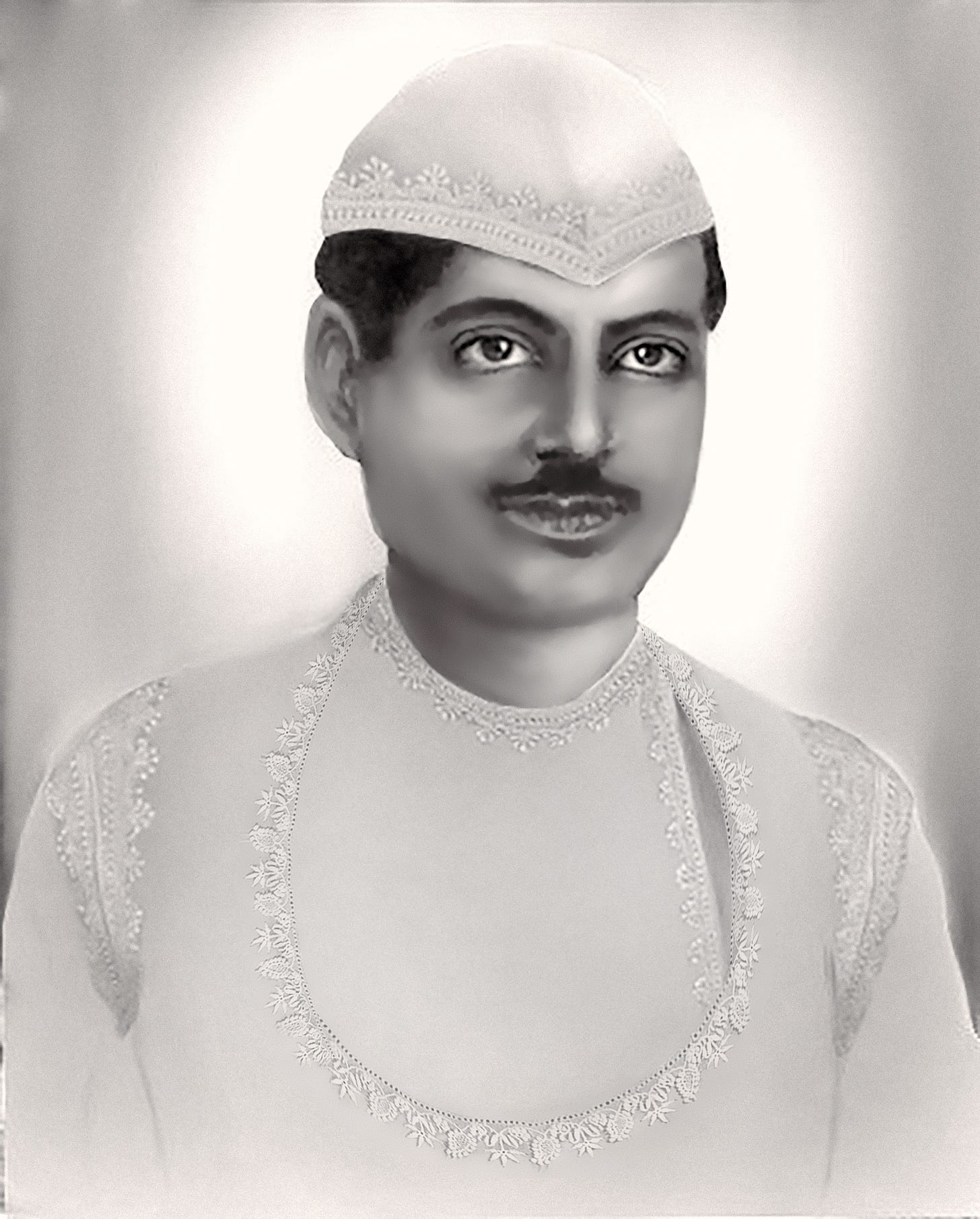 A black and white illustration showing a man wearing a kurta and embroidered hat. He has large eyes and a moustache.