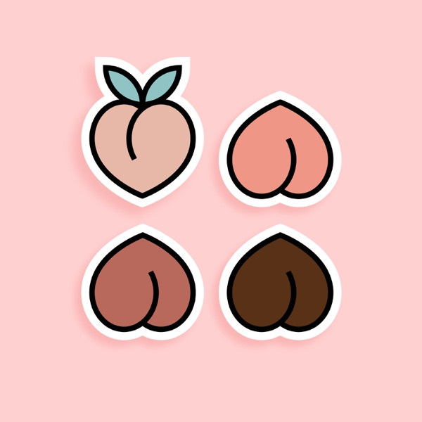 Food 4 Thot artwork. Tegen een roze achtergrond zie je vier getekende variaties op de perzik emoji, maar omgedraaid lijken ze op billen! Ze hebben allemaal een andere kleur 'huidtint'