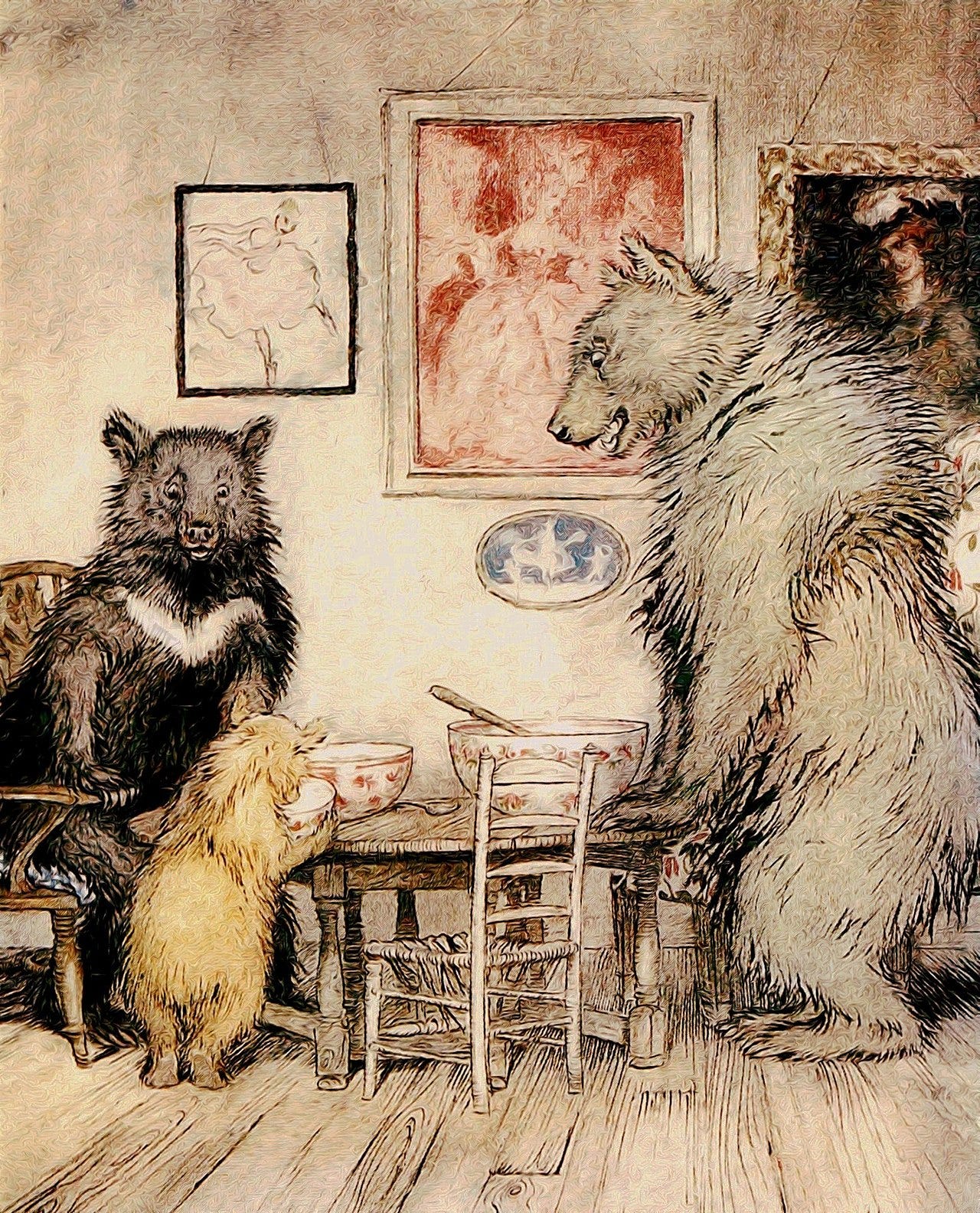 Mama, baby, and papa bear around a table eating their porridge.
