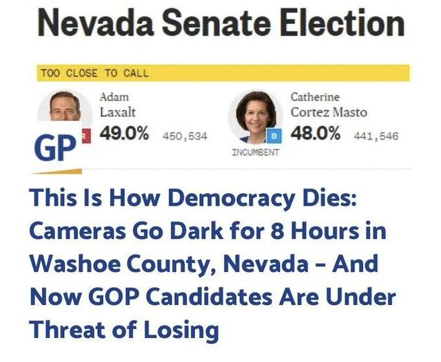 May be an image of 2 people and text that says 'Nevada Senate Election TOO CLOSE TO CALL Adam Laxalt 49.0% GP 450,534 Catherine Cortez Masto 48.0% INCUMBENT 441,546 This Is How Democracy Dies: Cameras Go Dark for 8 Hours in Washoe County, Nevada- And Now GOP Candidates Are Under Threat of Losing'