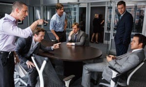 The Big Short, directed by Adam McKay (2015), with from left, Jeremy Strong, Rafe Spall, Hamish Linklater, Steve Carell, Jeffry Griffin and Ryan Gosling.