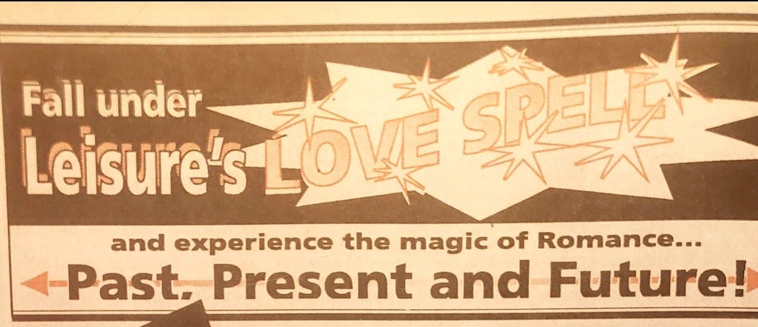 Screenshot from The Romantic Times Magazine that says, "Fall Under Leisure's Love Spell and experience the magic of Romance... Past, Present and Future!"