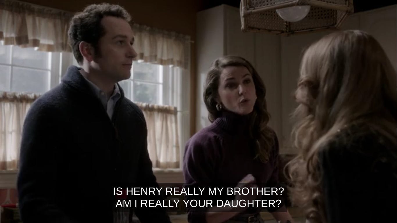 Paige asking, "Is Henry really my brother? Am I really your daughter?" while the camera is on Philip and Elizabeth