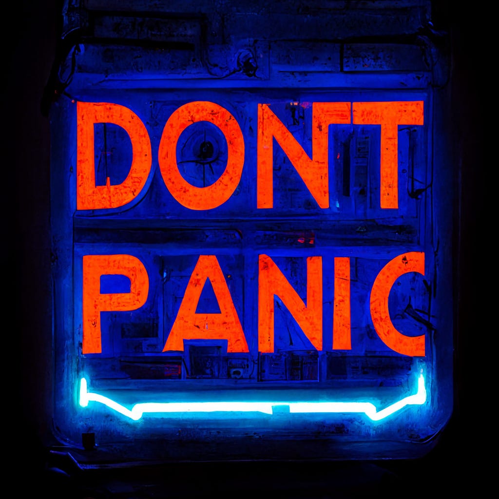 Blue neon looking sign with stylized letters that say Don't Panic