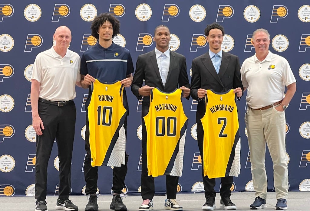 Pacers' 2022 draft class - Kendall Brown, Benn Mathurin and Andrew Nembhard - with coach Rick Carlisle and president Kevin Pritchard.