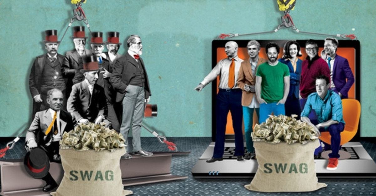 Image showing the Gilded Age Robber Barens and they modern counterparts from Silicon Valley from the Economist: Robber Barons and Silicon Sultans