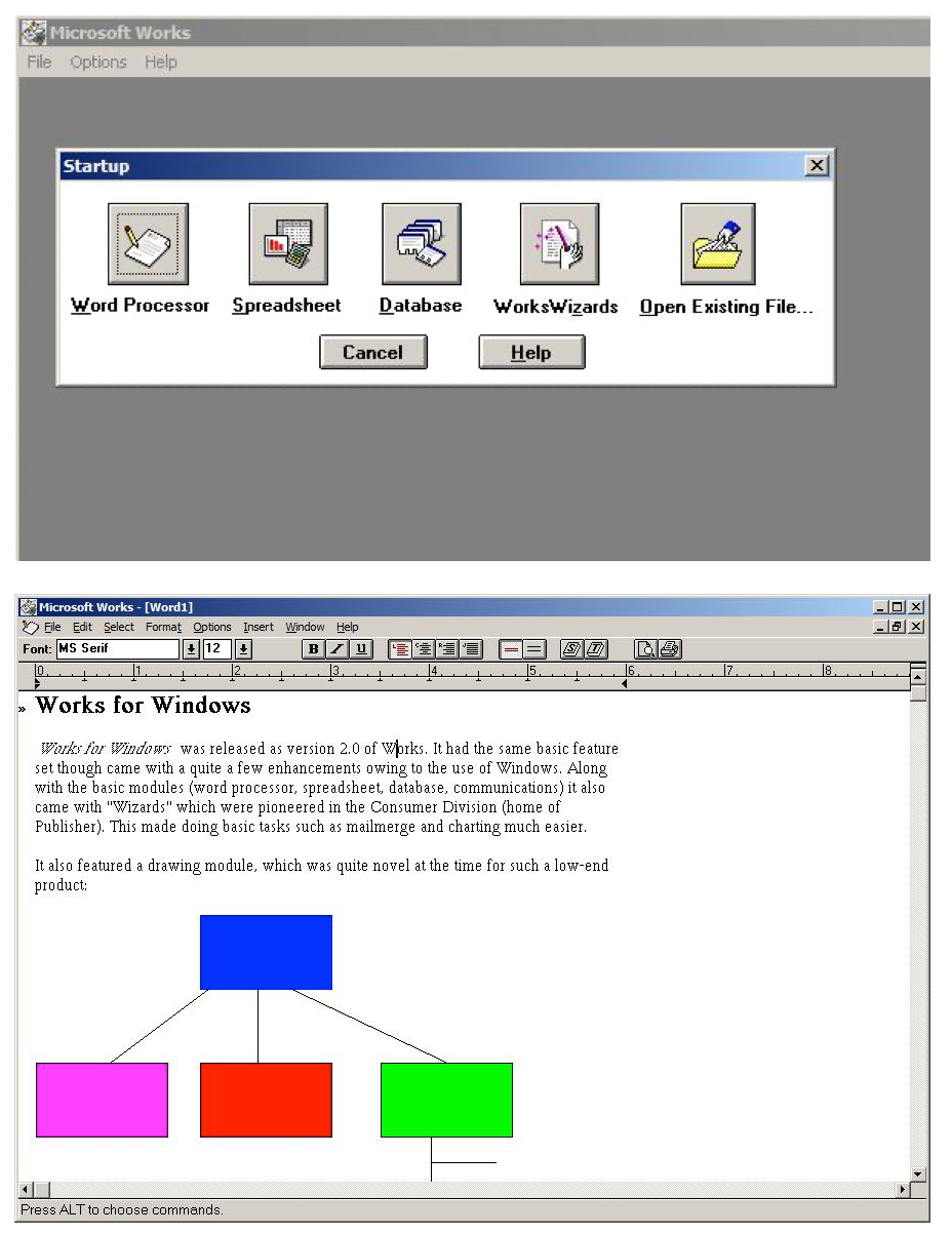 Works for Windows showing two screens. The first is the startup screen asking to select the module: word processor, spreadsheet, database, Wizards, or opening an existing file)