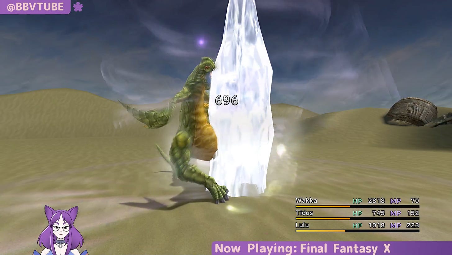 A screenshot of a monster being killed with an ice spell in Final Fantasy X.