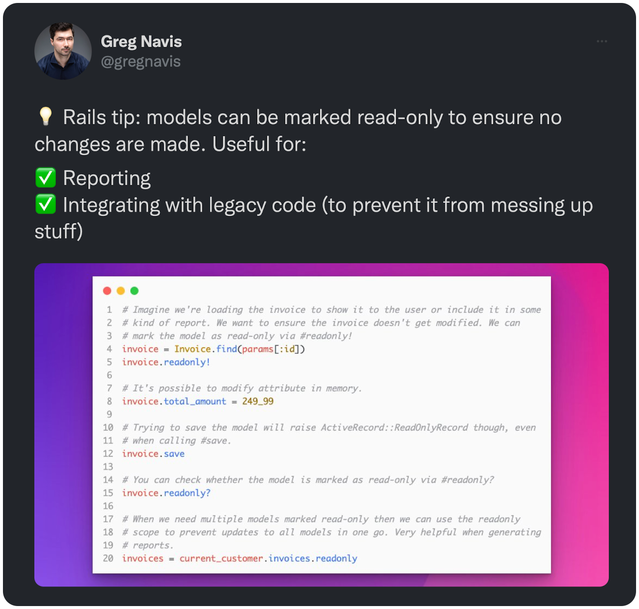 💡 Rails tip: models can be marked read-only to ensure no changes are made. Useful for: ✅ Reporting ✅ Integrating with legacy code (to prevent it from messing up stuff)