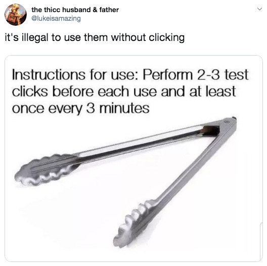 Screenshot of a funny tweet about kitchen tongs.