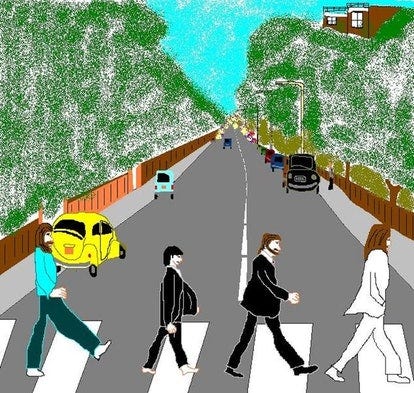 The Beatles Abbey Road album cover made in Microsoft Paint. MS Paint. Bill Gates. Microsoft. Art.