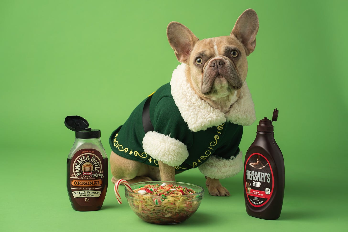 black and white french bulldog wearing an elf costume