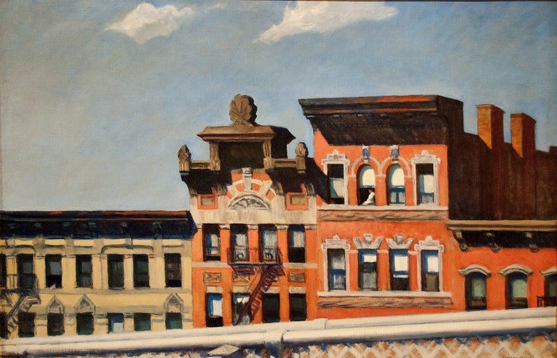 An image of Edward Hopper's painting From Williamsburg Bridge. A series of buildings as seen from the pedestrian walkway of the bridge.