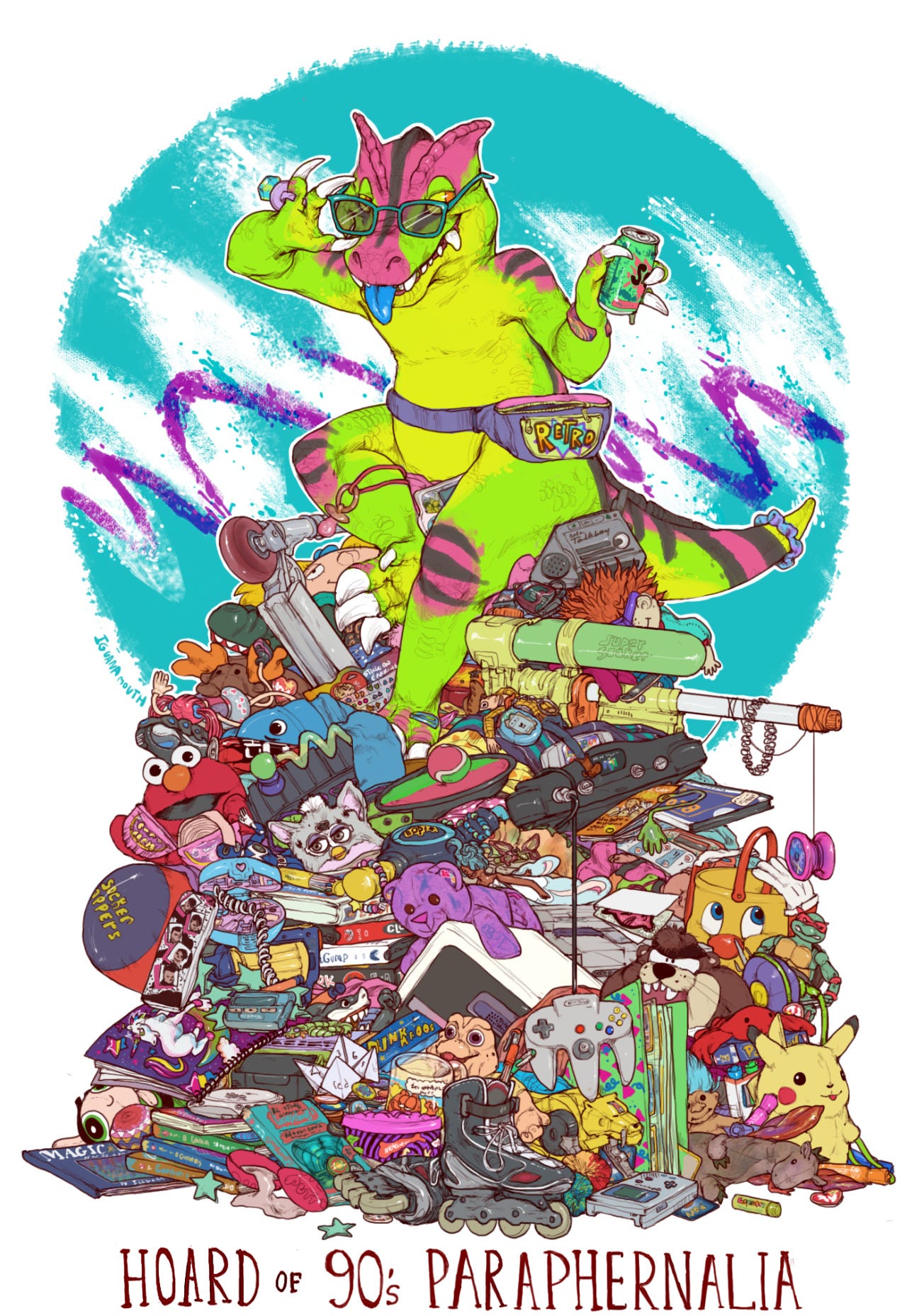 iguanamouth:
“ UNUSUAL HOARD commission for scorgi featuring their Incredible oc retro, the Radical 90′s Dinosaur and a whole bunch of other stuff that used to be on my floor a lot
(theres a lot goin on in this one and if youd like to pick through it...