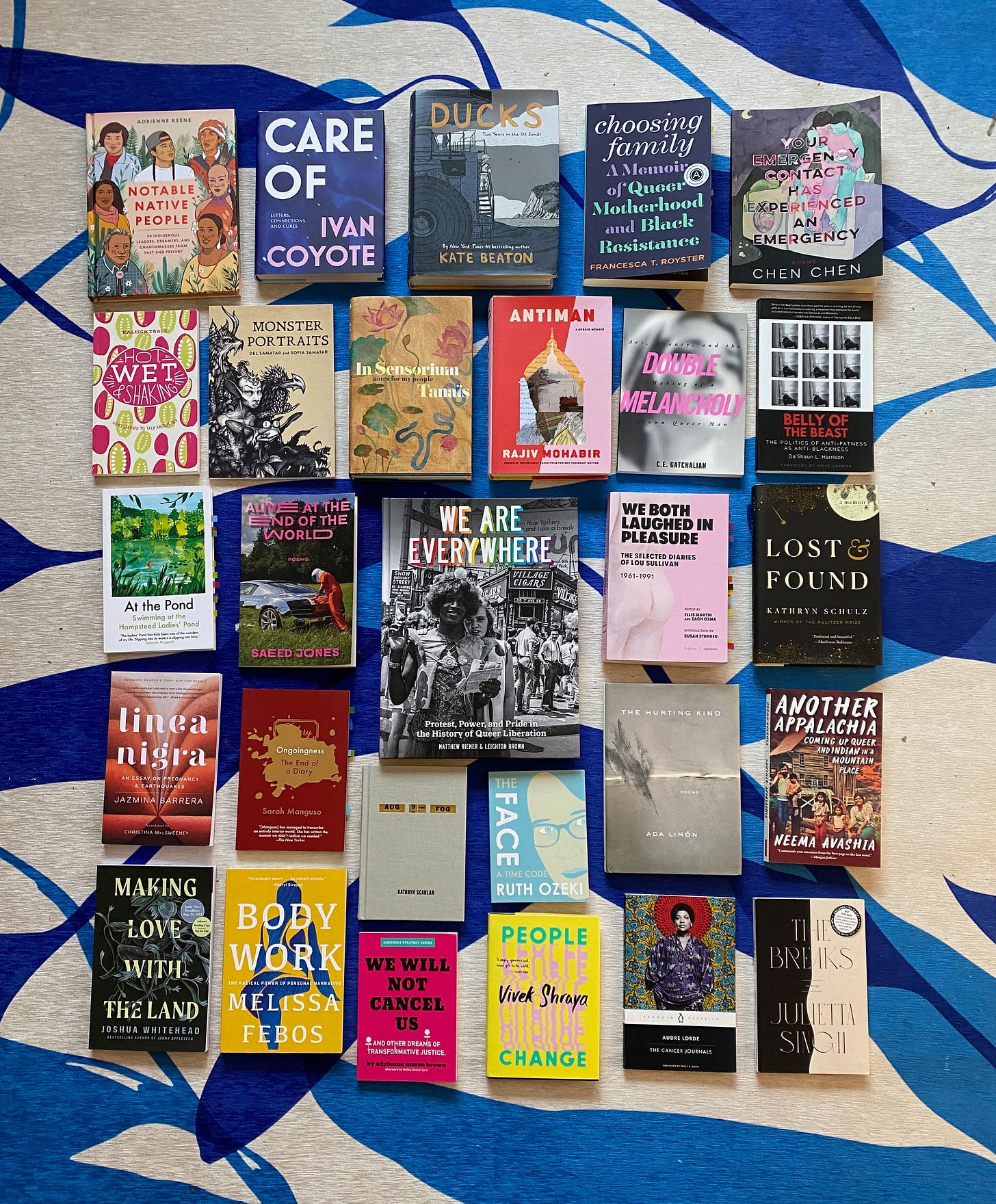 A selection of the listed books arranged in a grid on a blue and white rug.