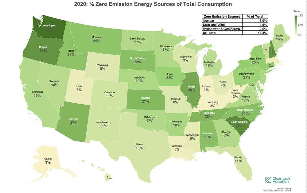 U.S. Map of Percent of Zero-Emission Energy Sources
