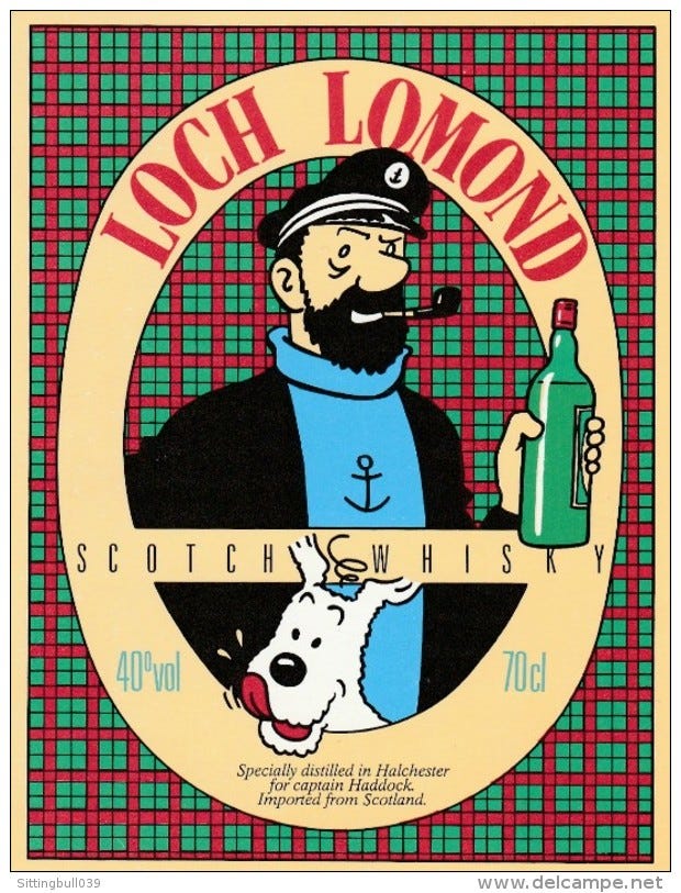 Advertentie - TINTIN. Très RARE étiquette de Scotch Whisky Loch Lomond avec  Haddock et Milou. Pièce de Collection !