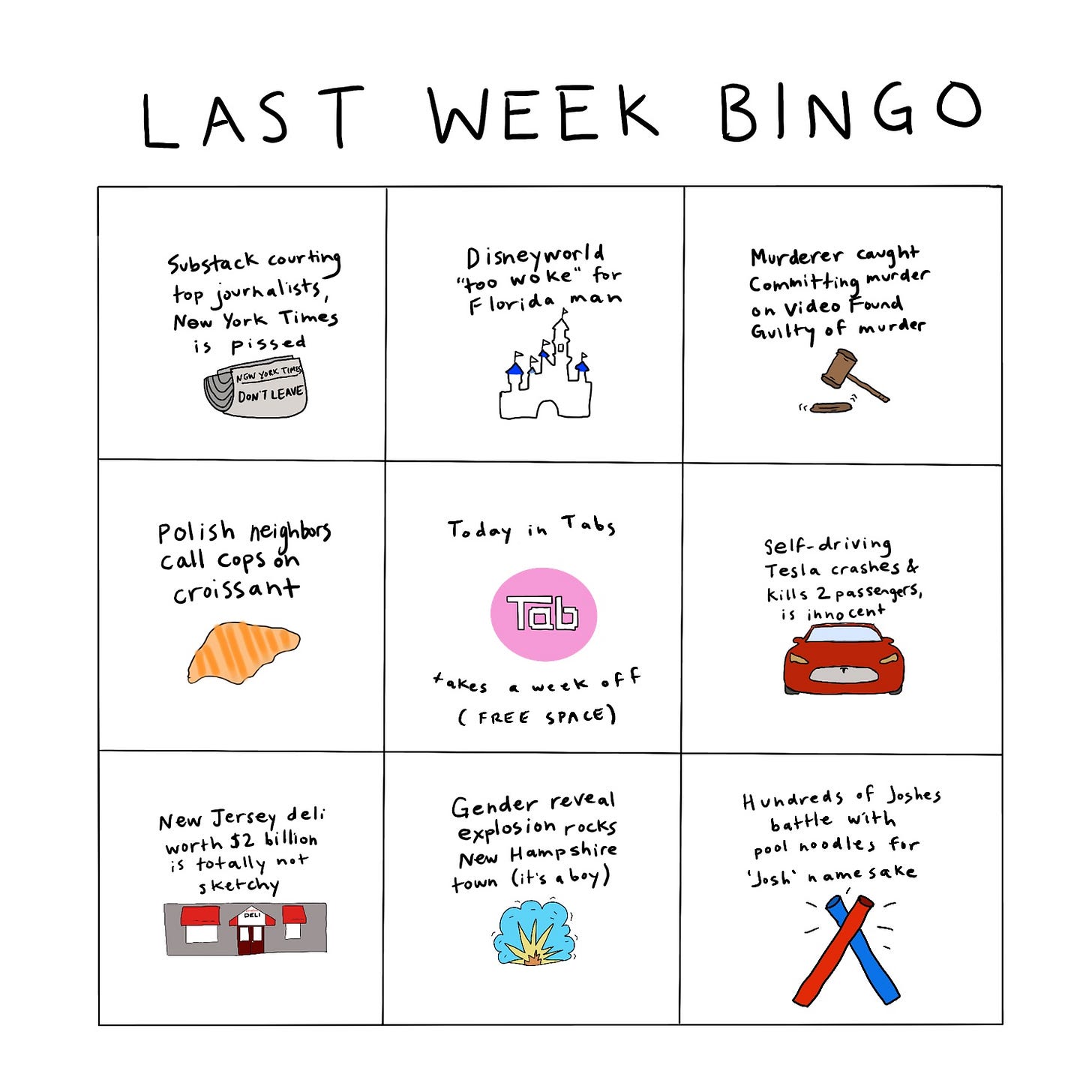 A bingo card with 9 spaces, 3 columns and 3 rows, titled “Last Week Bingo”. Row 1, from left to right– Space #1: “Substack courting top journalists, New York Times is pissed.” Accompanying doodle is a New York Times newspaper with the headline “Don’t Leave”. Space #2: “Disneyworld ‘too woke’ for Florida man.” Accompanying doodle is of Disneyworld’s magic castle. Space #3: “Murderer caught committing murder on video found guilty of murder.” Doodle of a court gavel about to slam down on a block. Row 2, from left to right– Space #4: “Polish neighbors call cops on croissant.” Doodle of a glistening croissant. Space #5: “Today in Tabs takes a week off (free space).” Doodle of Tabs logo in a pink circle. Space #6: “Self-driving Tesla crashes & kills 2 passengers, is innocent.” Doodle of a non-threatening Tesla car in burgundy. Row 3, from left to right– Space #7: “New Jersey deli worth $2 billion is totally not sketchy.” Doodle of a gray building with ‘Deli’ signage above the entrance. Space #8: “Space Gender reveal explosion rocks New Hampshire town (it’s a boy).” Doodle of an explosion with a cloud of blue smoke. Space #9: “Hundreds of Joshes battle with pool noodles for ‘Josh’ namesake.” Doodle of A red and blue pool noodle clashing against each other. A bingo card with 9 spaces, 3 columns and 3 rows, titled “Last Week Bingo”. Row 1, from left to right– Space #1: “Substack courting top journalists, New York Times is pissed.” Accompanying doodle is a New York Times newspaper with the headline “Don’t Leave”. Space #2: “Disneyworld ‘too woke’ for Florida man.” Accompanying doodle is of Disneyworld’s magic castle. Space #3: “Murderer caught committing murder on video found guilty of murder.” Doodle of a court gavel about to slam down on a block. Row 2, from left to right– Space #4: “Polish neighbors call cops on croissant.” Doodle of a glistening croissant. Space #5: “Today in Tabs takes a week off (free space).” Doodle of Tabs logo in a pink circle. Space #6: “Self-driving Tesla crashes & kills 2 passengers, is innocent.” Doodle of a non-threatening Tesla car in burgundy. Row 3, from left to right– Space #7: “New Jersey deli worth $2 billion is totally not sketchy.” Doodle of a gray building with ‘Deli’ signage above the entrance. Space #8: “Space Gender reveal explosion rocks New Hampshire town (it’s a boy).” Doodle of an explosion with a cloud of blue smoke. Space #9: “Hundreds of Joshes battle with pool noodles for ‘Josh’ namesake.” Doodle of A red and blue pool noodle clashing against each other.