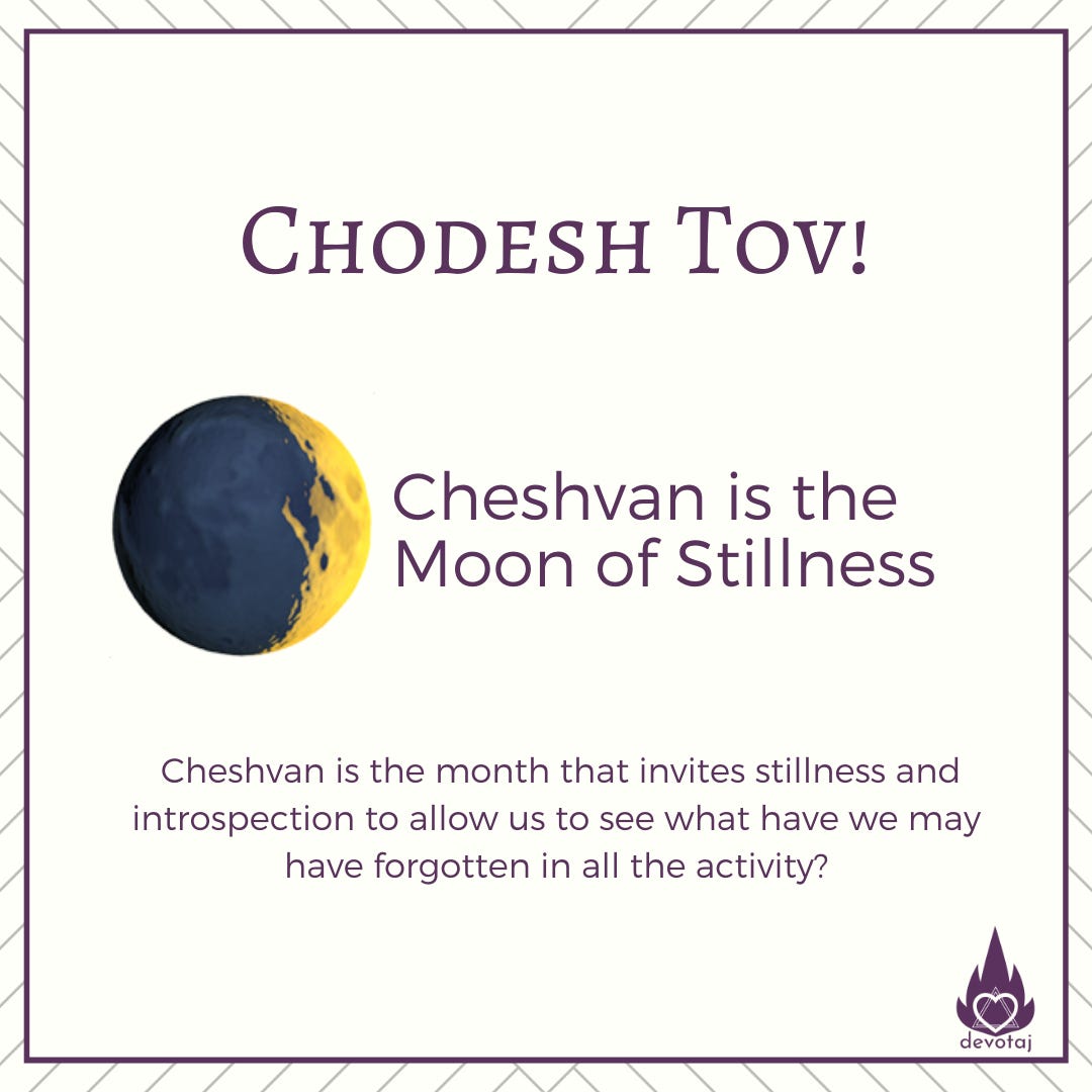 Chodesh Tov. Cheshvan is the Moon of Stillness.  Cheshvan is the month that invites stillness and introspection to allow us to see what have we may have forgotten in all the activity of the past month.