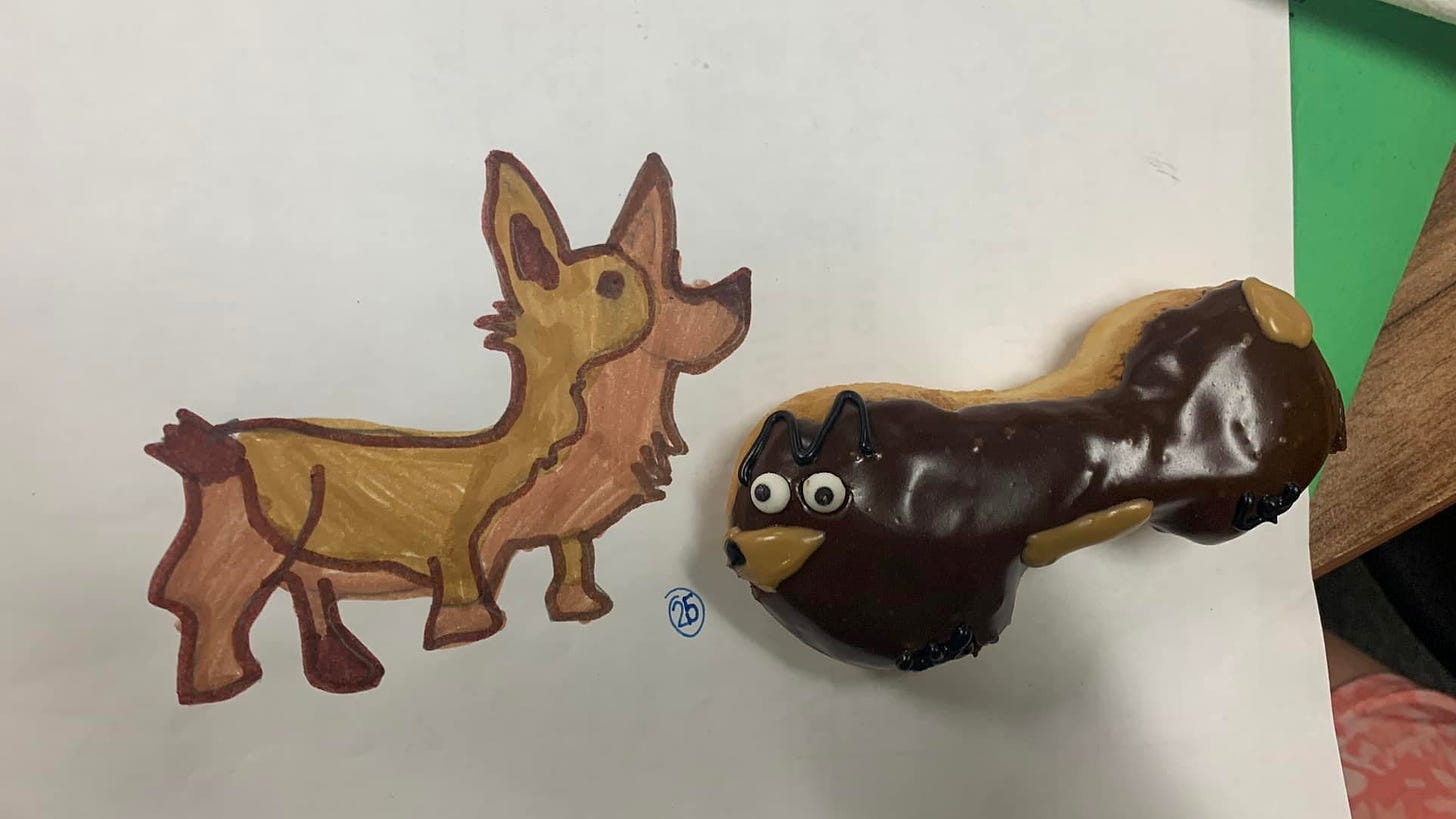 A drawing of a dog and a matching donut