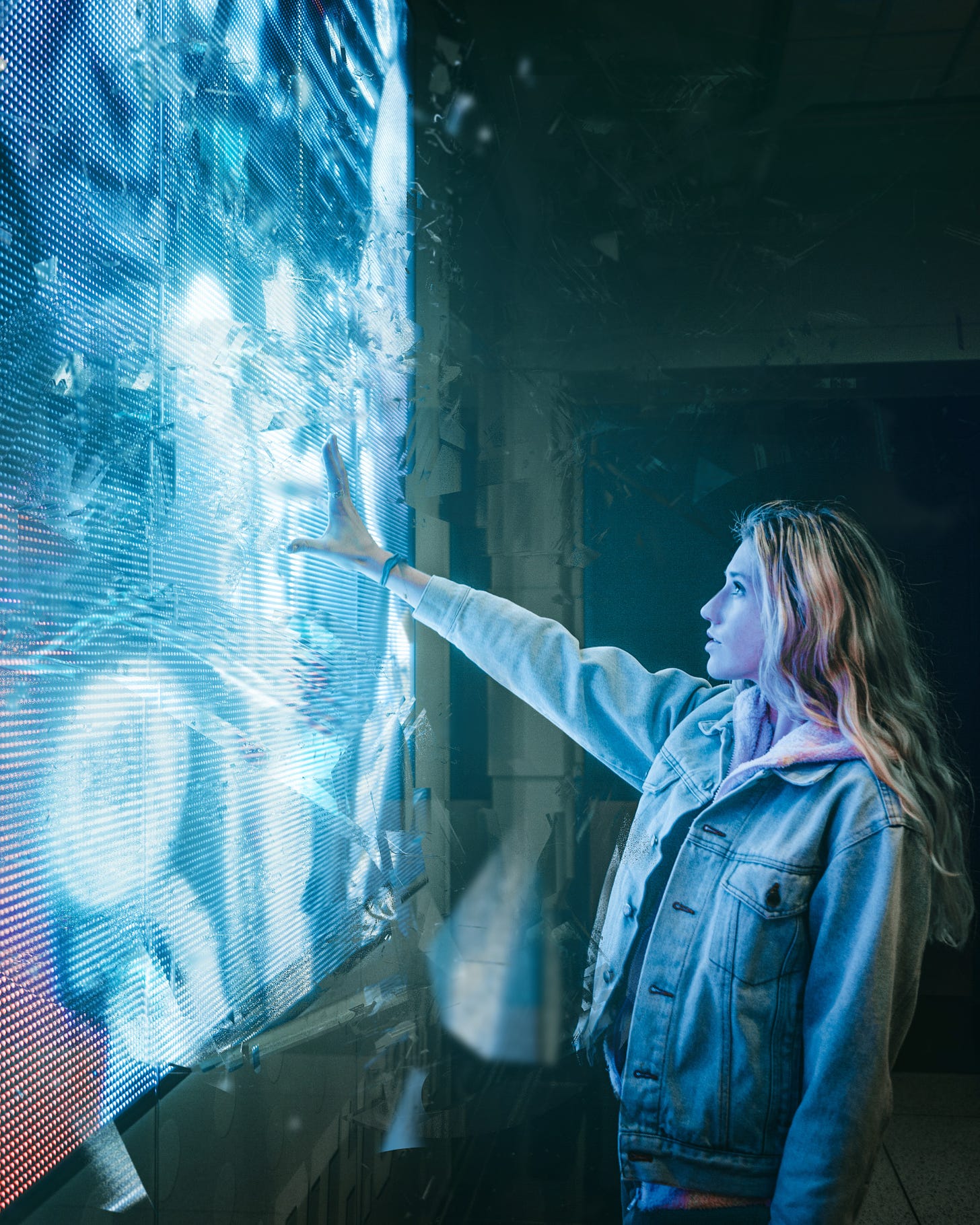Woman holding her hand up to a digital screen and interacting with it