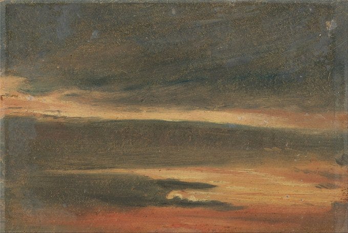 A painting of yellow and red skies through brown-grey clouds. Yale Center for British Art, Public domain, via Wikimedia Commons.