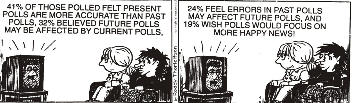 Moose Lake Cartoon Cartoon with two frames with a coupe watching the news on a tv. 1. 41% of those polled felt present polls are more accurate than past polls, 32% believed future polls may be affexted by current polls, 2. 24% feel errors in ast polls may affect future polls and 19% wish polls would focus on more happy news!