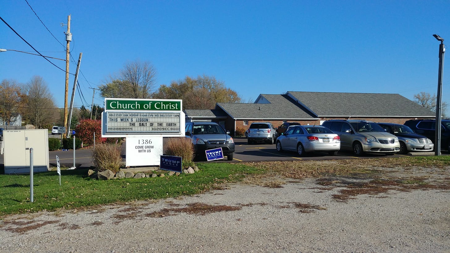A picture of the sign for Church of Christ in Streetsboro. The sign reads "Come grow with us" and "This week's lesson, Salt of the Earth." The church is a one story brick building in the background.